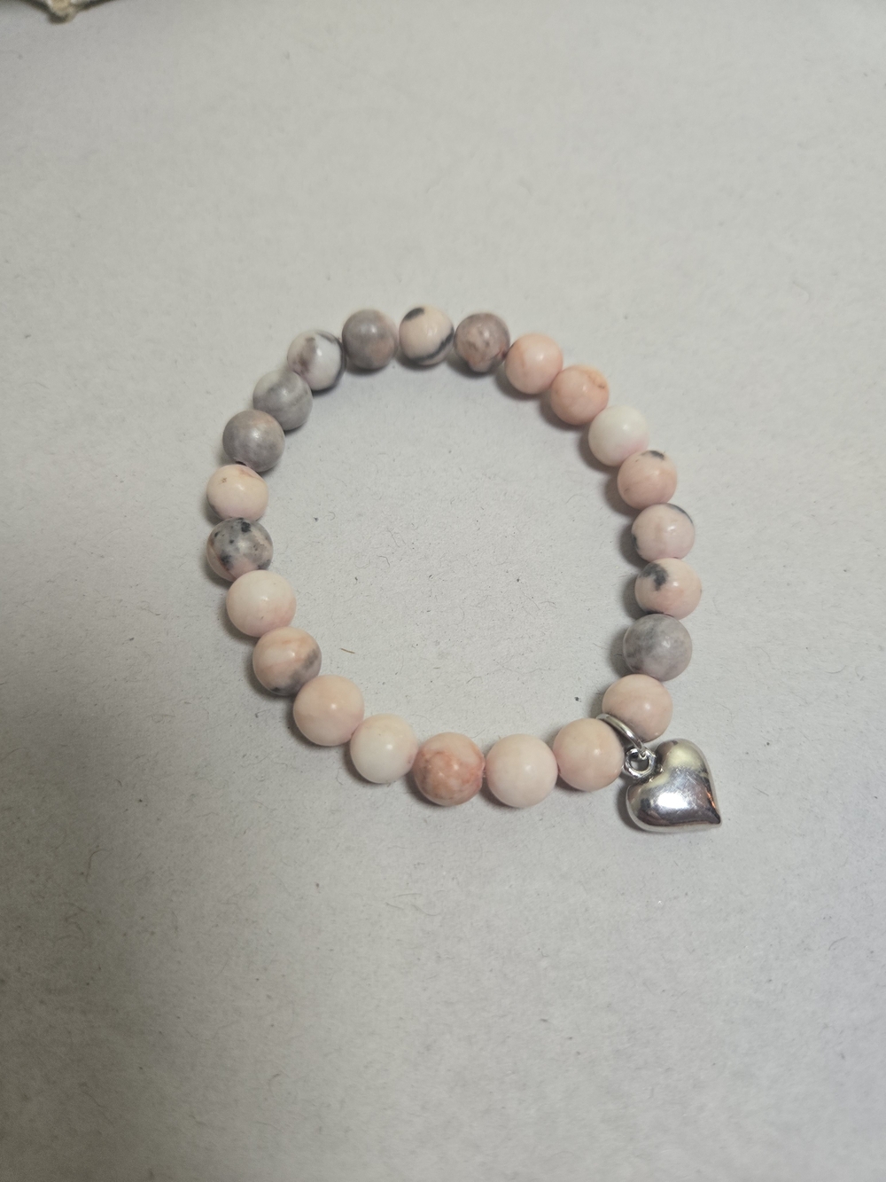 Pink Stone Beaded Bracelet with Silver Heart Charm